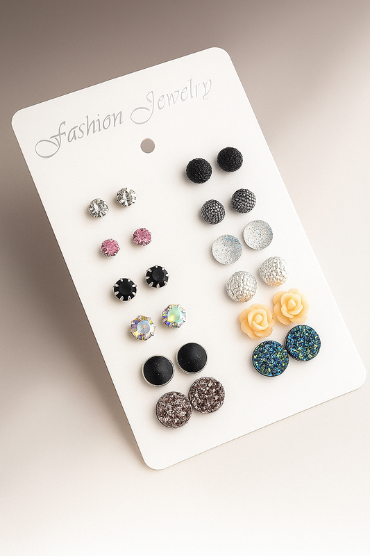 12 Pairs Assorted Crystals Druzy Stone Resin Stone Round Stud Earrings Set