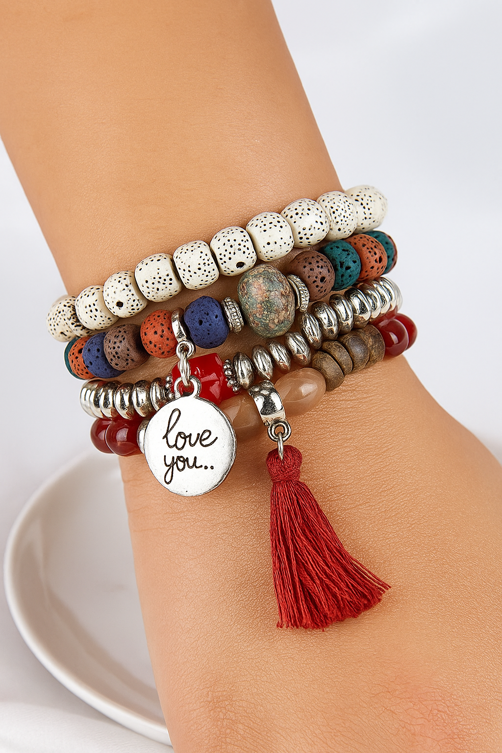 4pcs Wing & Tassel Charm Beaded Bracelet