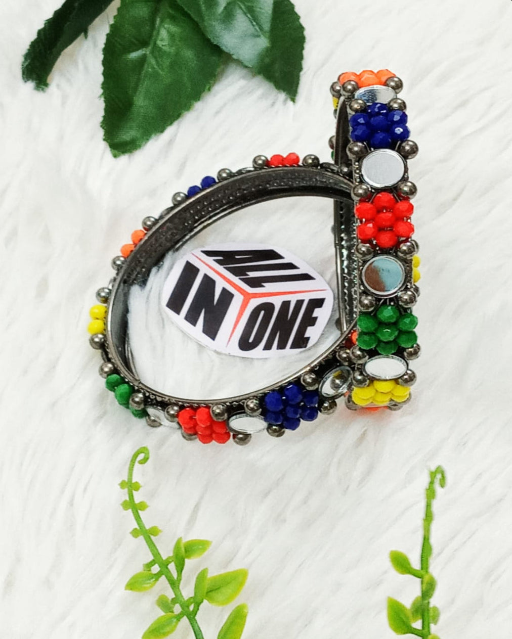 Antique Silver Multi-Color Floral Beaded Bangles