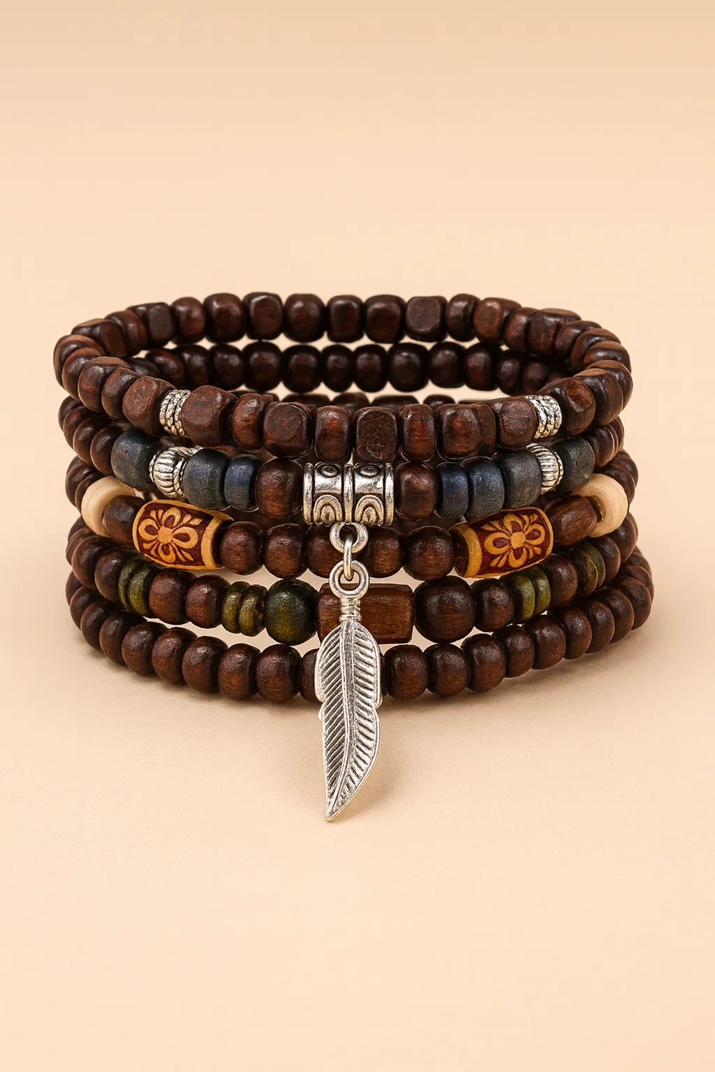 5pcs set mens handmade elastic wooden bead bracelets