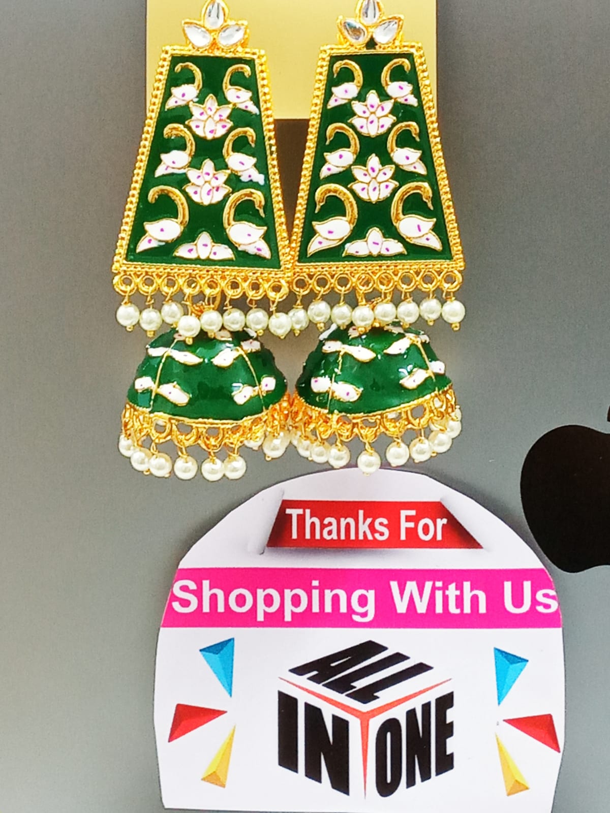 Forest Green Swan Motif Meenakari Jhumkas