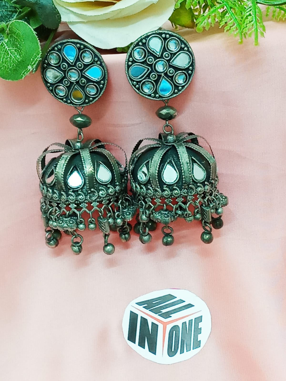 Antique Oxidized Mirror-Work Statement Jhumkas