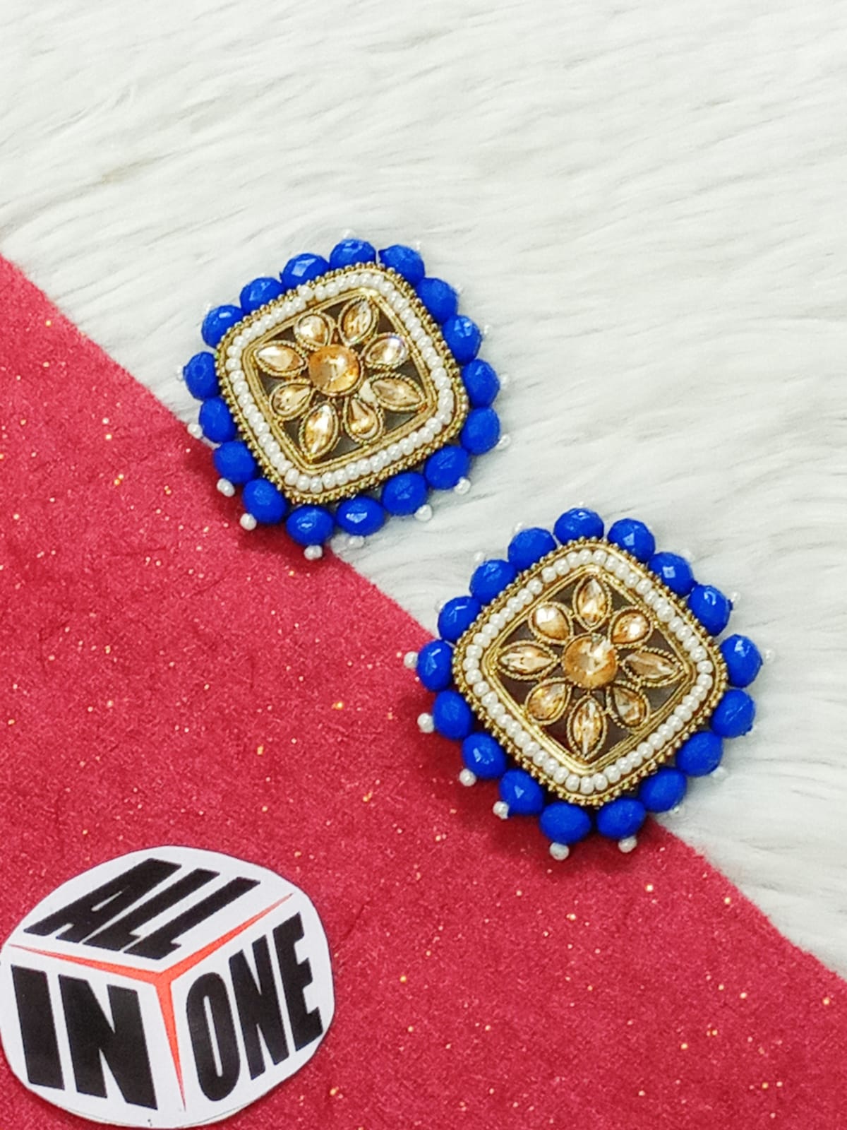 Women’s Royal Blue Square Kundan Stud Earrings