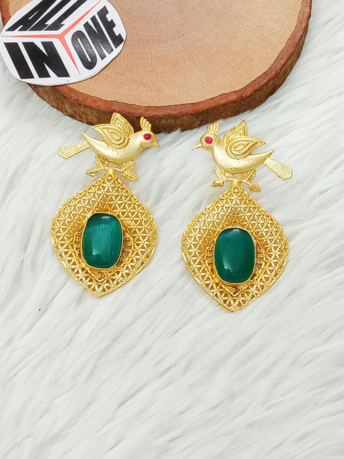 Golden Songbird Filigree Earrings with Emerald Green Stone