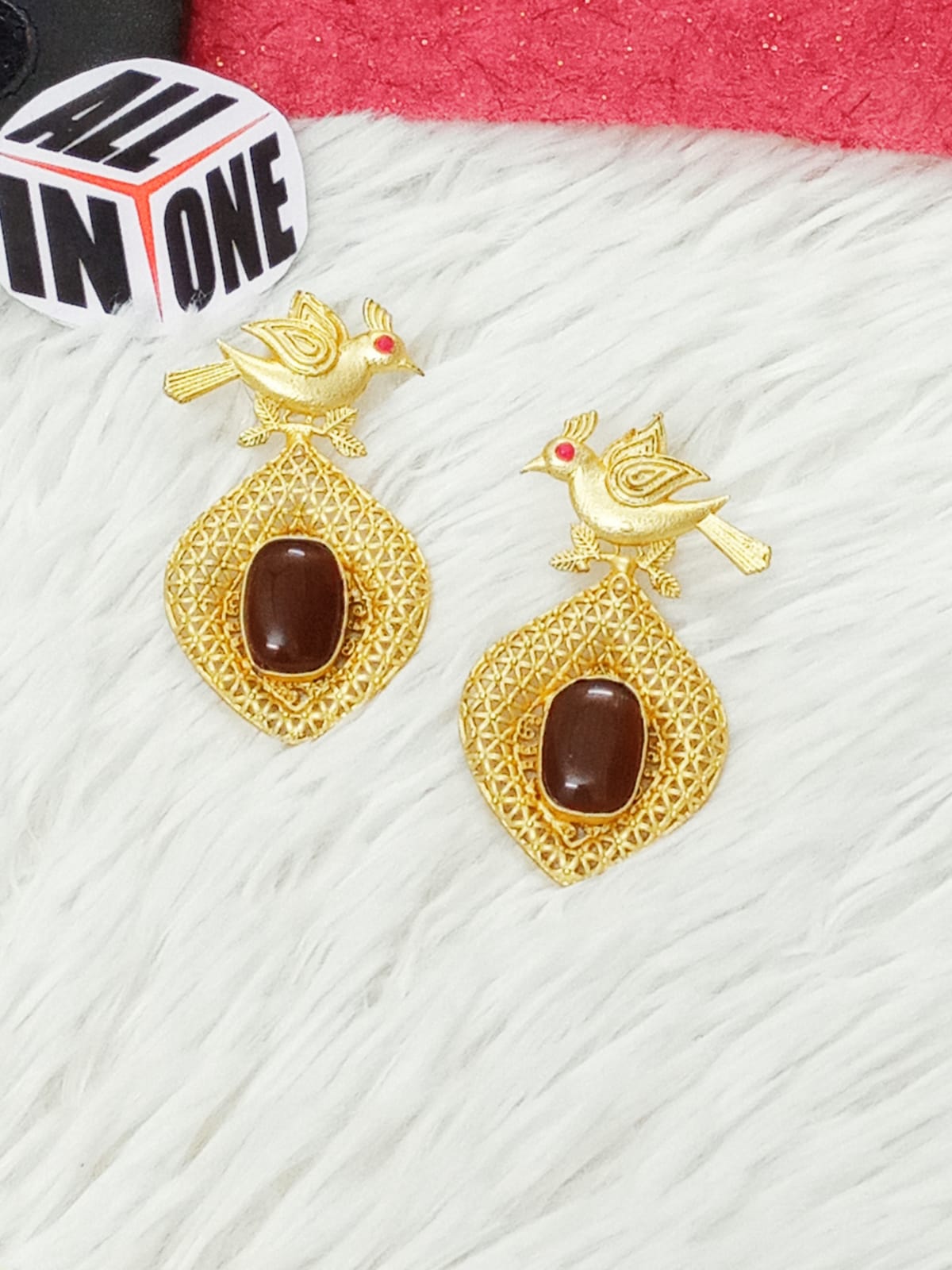 Golden Songbird Filigree Earrings with Chocolate Stone