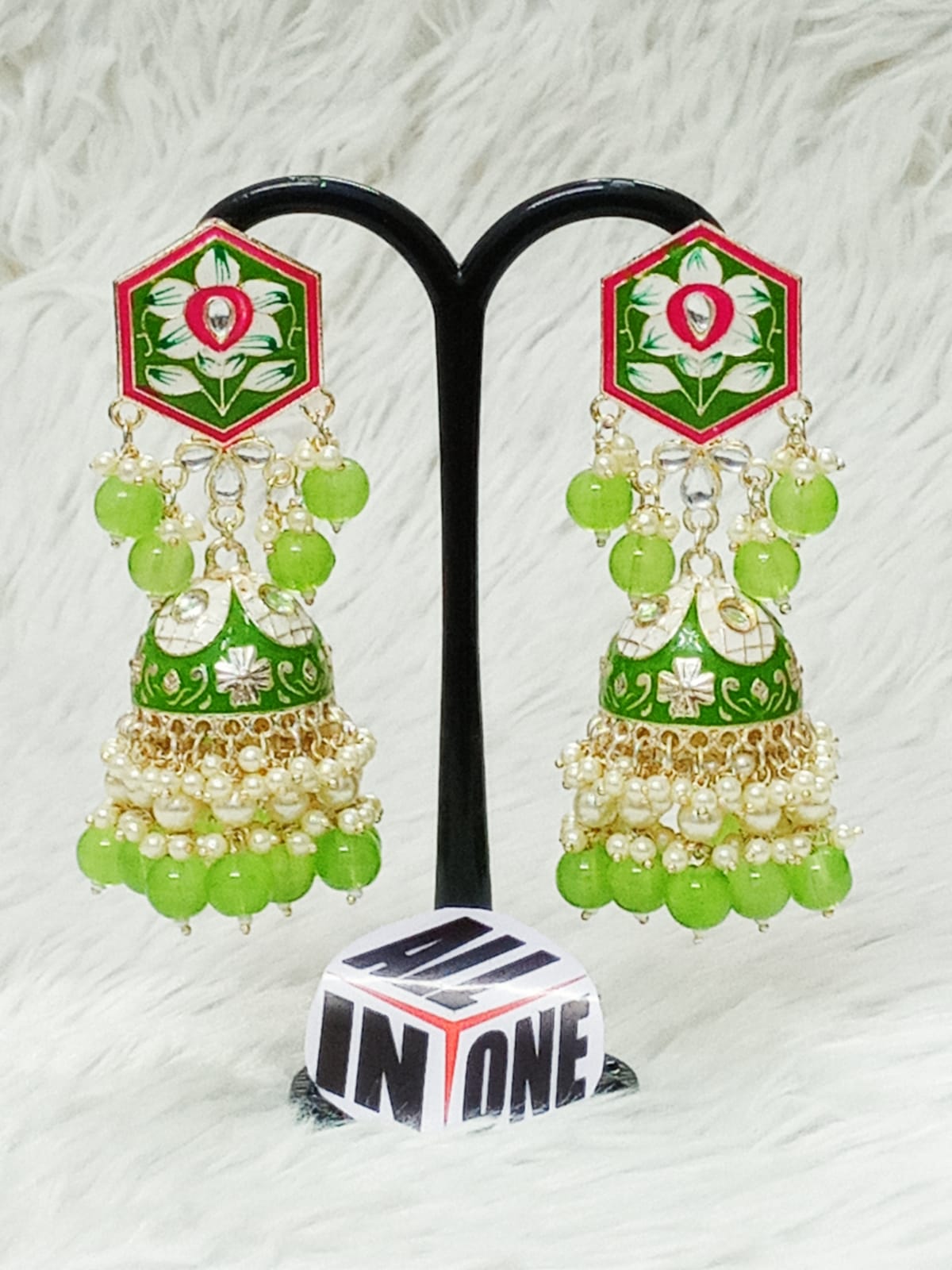 Elegant Green Meenakari Hexagonal Jhumka Earrings