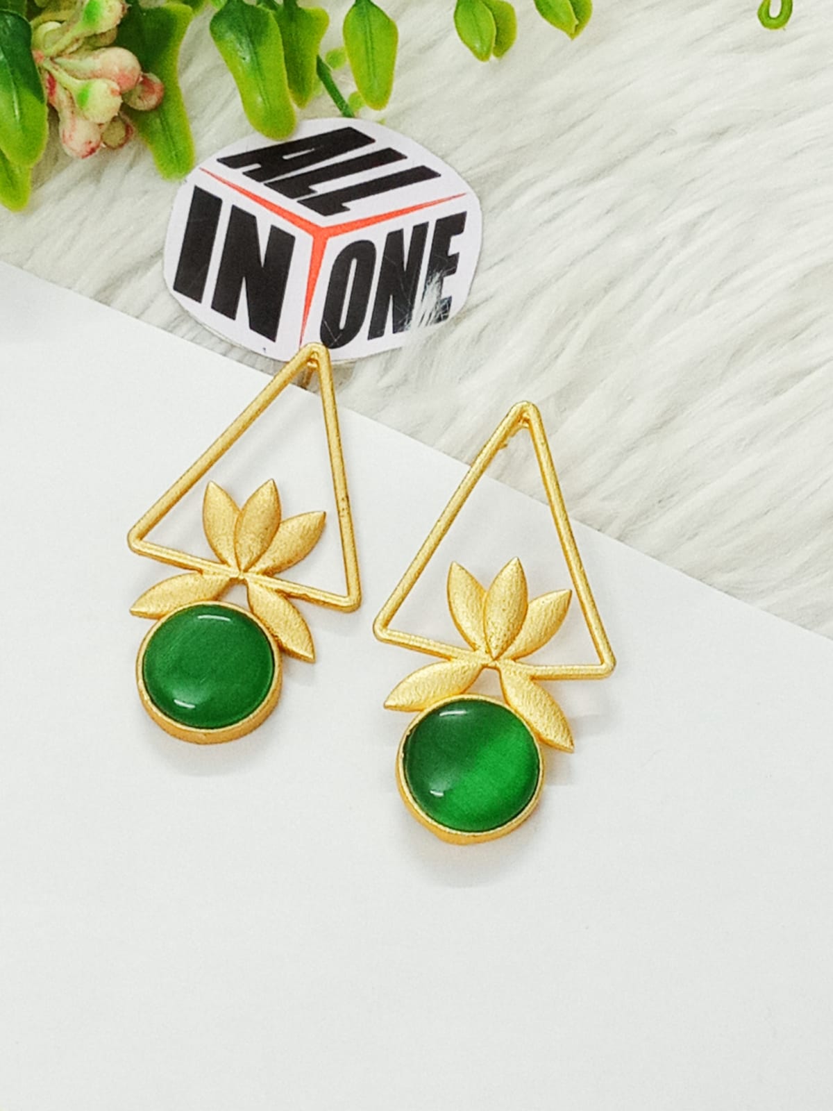 Geometric Lotus Emerald Green Stud Earrings