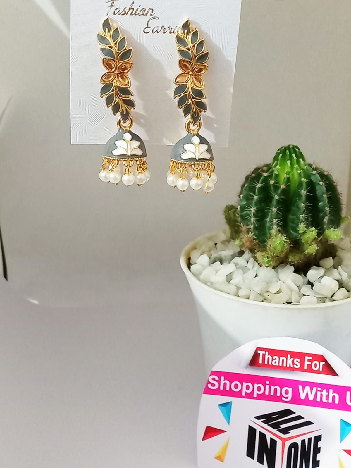 Grey Enamel Floral Vine Jhumka Earrings