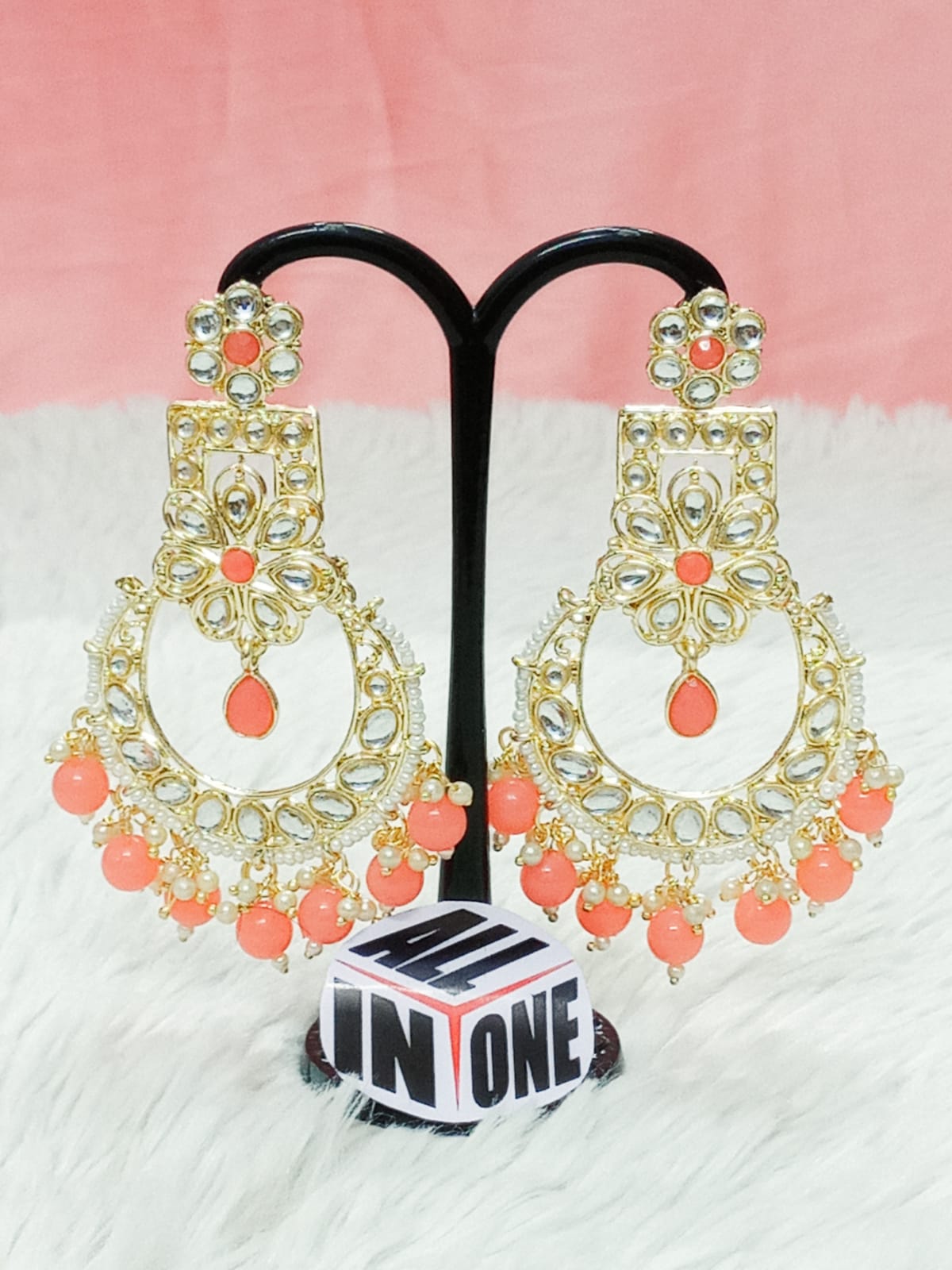 Kundan & Coral Chandbali Chandelier Earrings