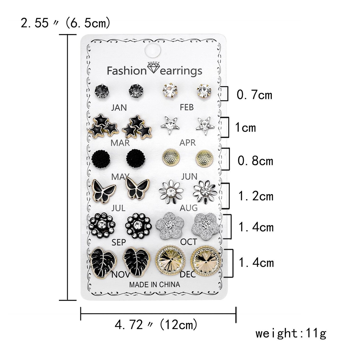 Ear Rings Set 12 Pairs Stylish and Small metal Stud