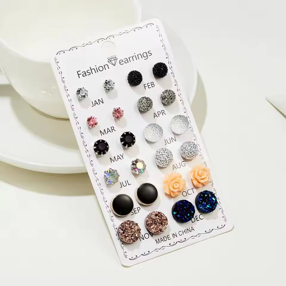 12 Pairs Assorted Crystals Druzy Stone Resin Stone Round Stud Earrings Set