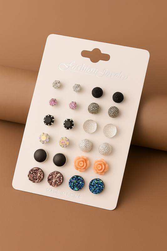 12 Pairs Assorted Crystals Druzy Stone Resin Stone Round Stud Earrings Set