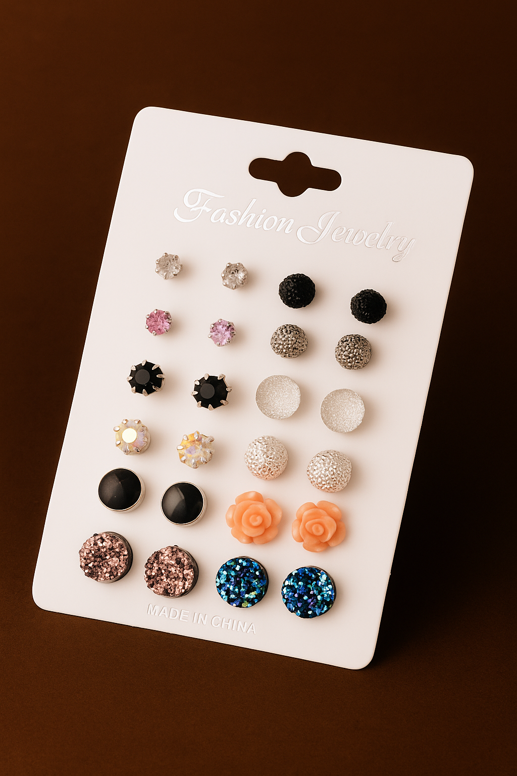 12 Pairs Assorted Crystals Druzy Stone Resin Stone Round Stud Earrings Set
