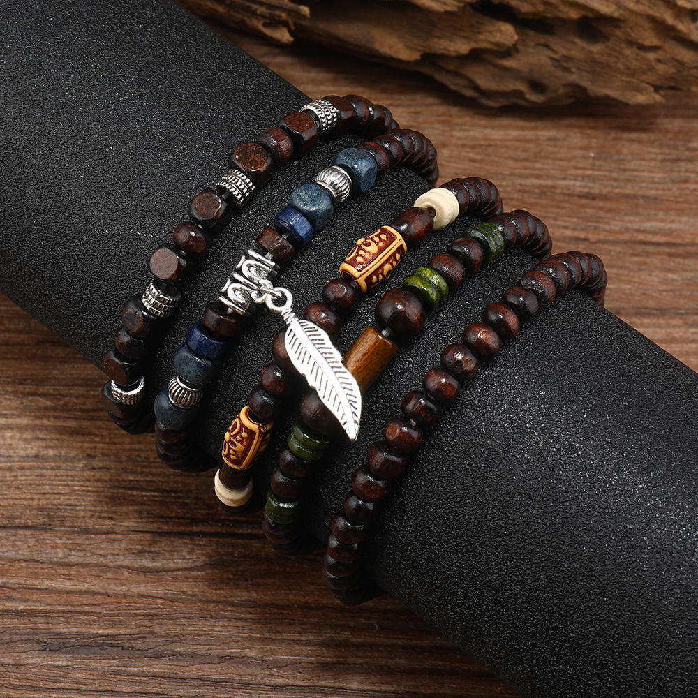 5pcs set mens handmade elastic wooden bead bracelets