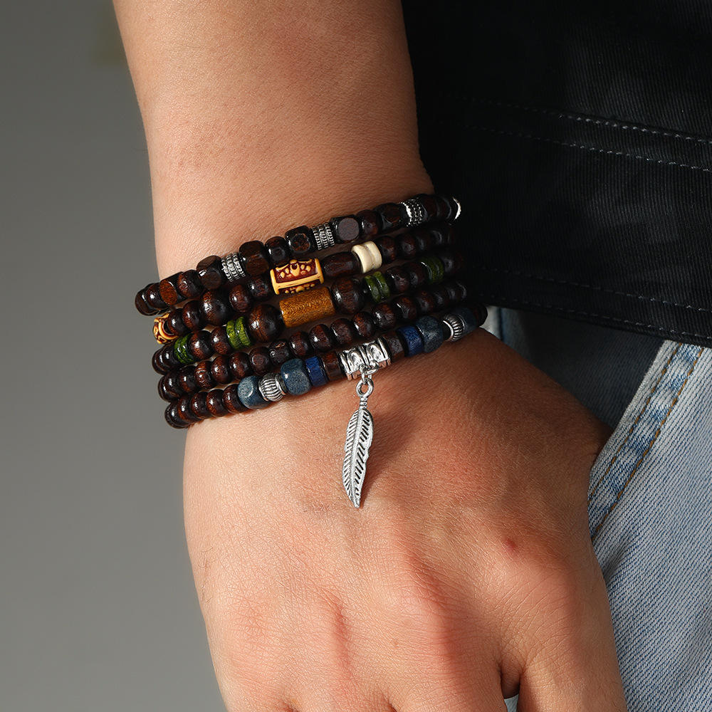 5pcs set mens handmade elastic wooden bead bracelets