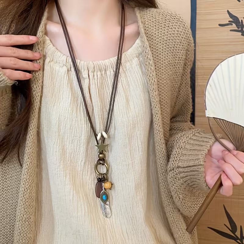 Feather Star Oval Wooden Necklace