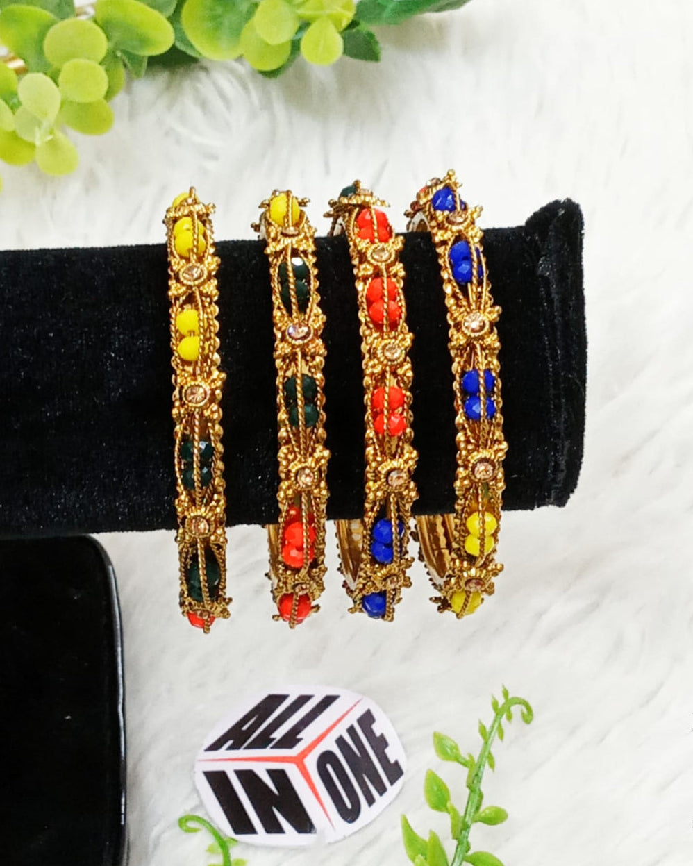 Vibrant Multi-Color Beaded Gold-Plated Bangle Set