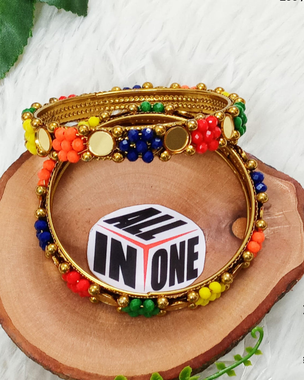 Vibrant Multi-Color Floral Beaded Bangle Pair