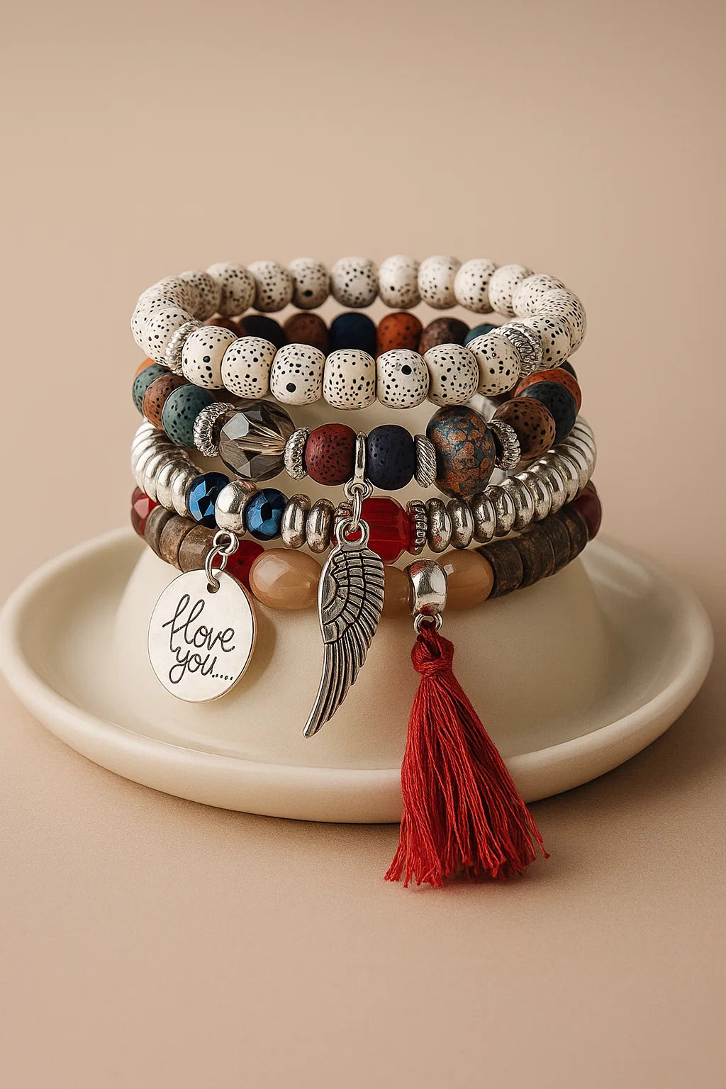 4pcs Wing & Tassel Charm Beaded Bracelet