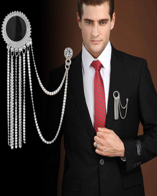 Modern Silver Tassel Chain Brooch with Stone Accents