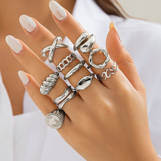 Women’s "Urban Edge" 10-Piece Mixed Silver Ring Set