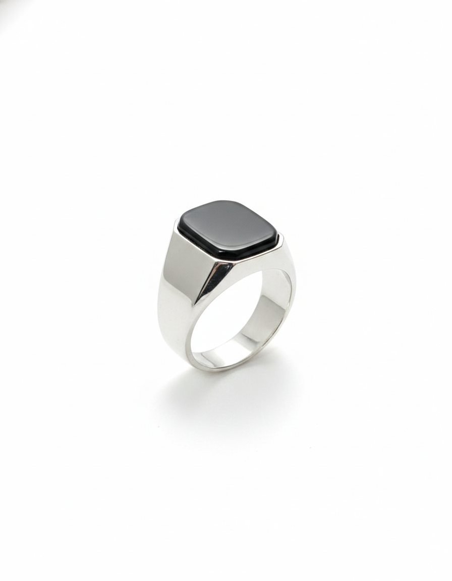 Men’s Polished Silver Onyx-Style Signet Ring
