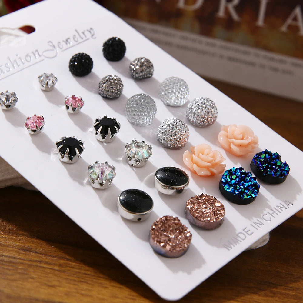 12 Pairs Assorted Crystals Druzy Stone Resin Stone Round Stud Earrings Set