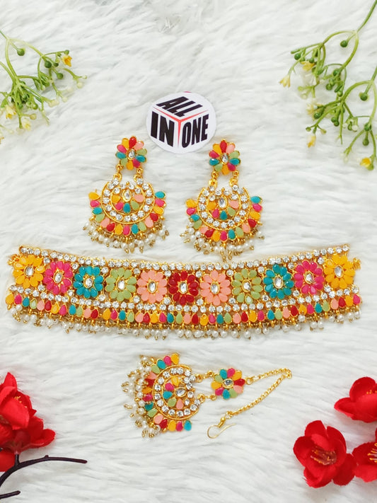 Multicolor Floral Meenakari Choker Set with Maang Tikka
