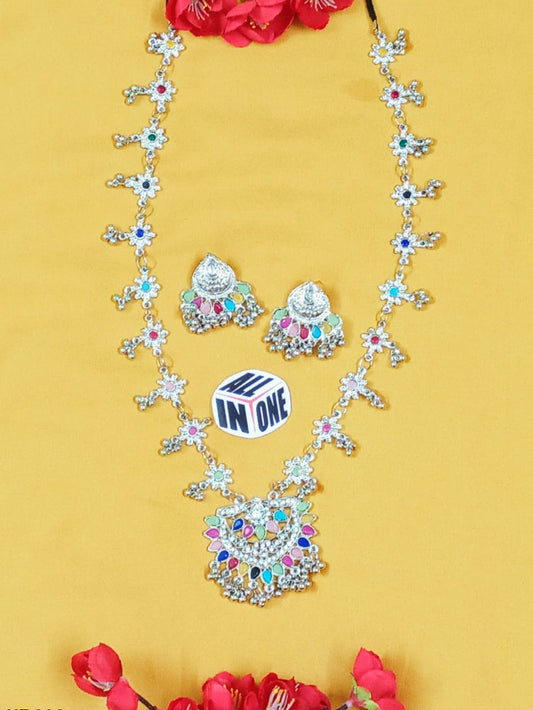 Bohemian Oxidized Silver Multi-Color Floral Necklace Set