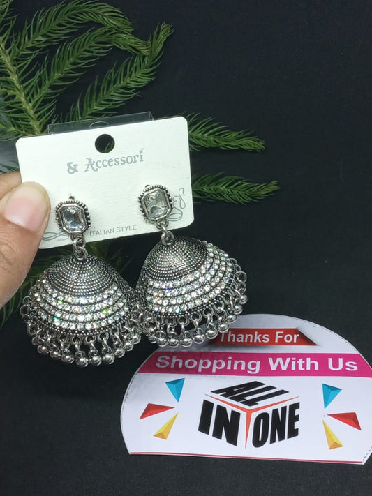 Oxidized Silver Stone-Encrusted Jhumka Earrings