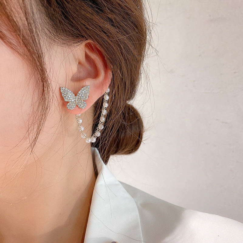 Korean Fashionable Asymmetrical Pearl Rhinestone Butterfly Ear Cuff