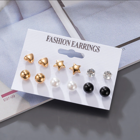 Vintage Pearl Multi Shape Stud Earrings For Women 6Pair/Set