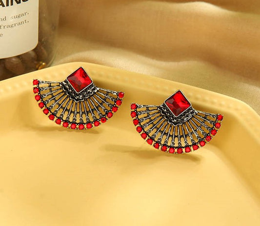 Vintage Crimson Fan Stud Earrings