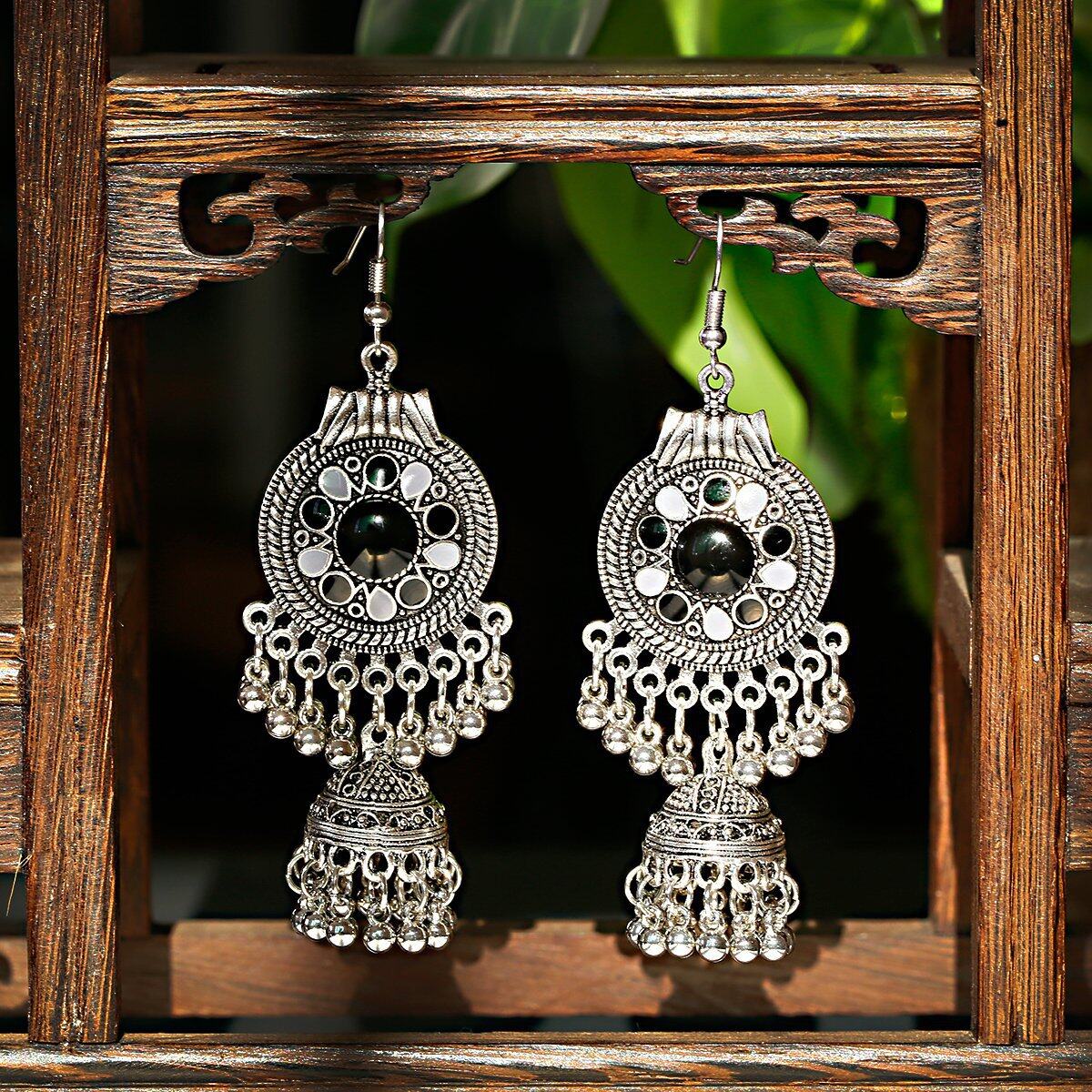 Antique Silver Tribal Jhumka Earrings with Enamel Inlay