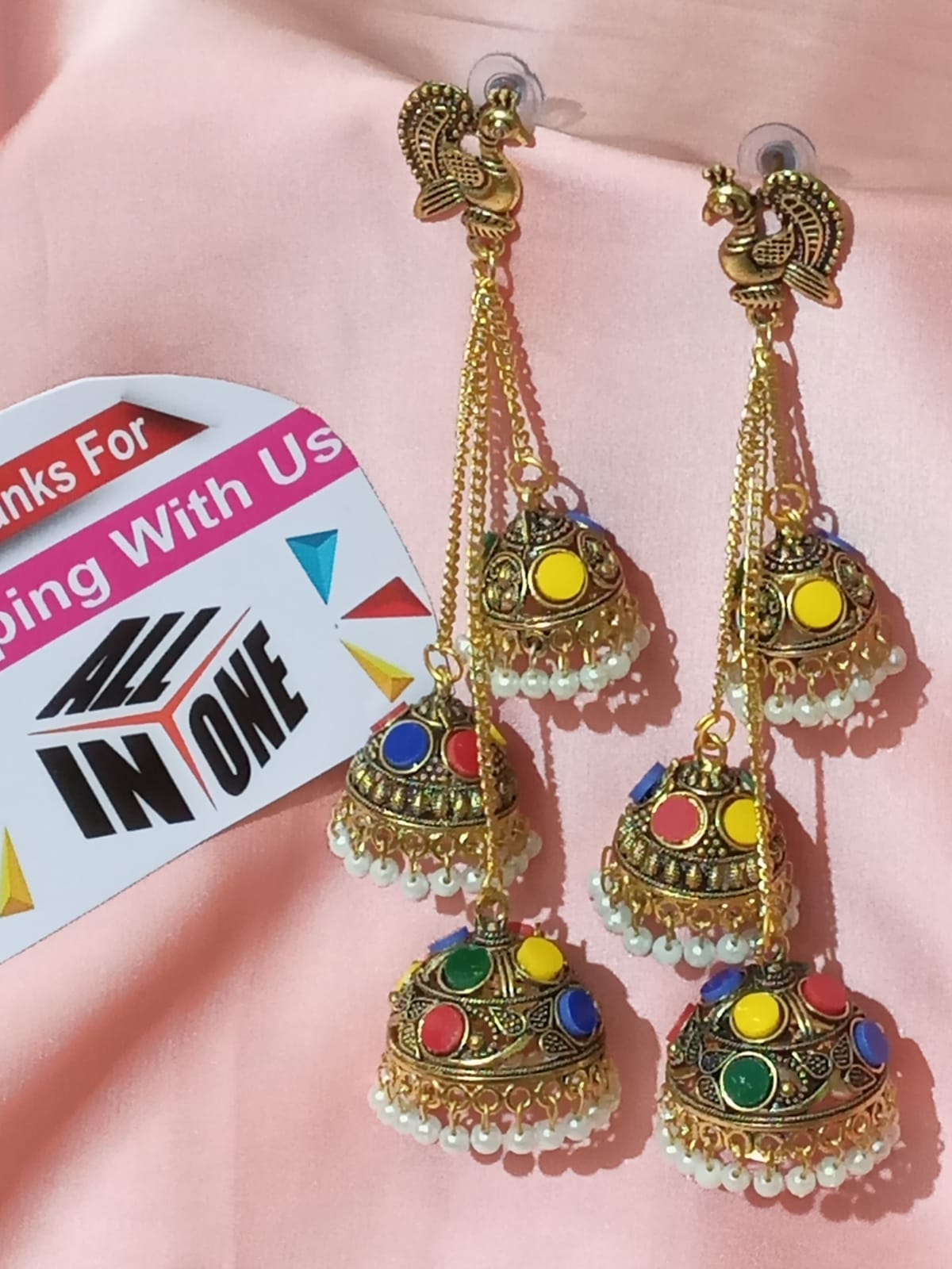 Antique Golden Peacock Motif 3-Layer Jhumka Earrings