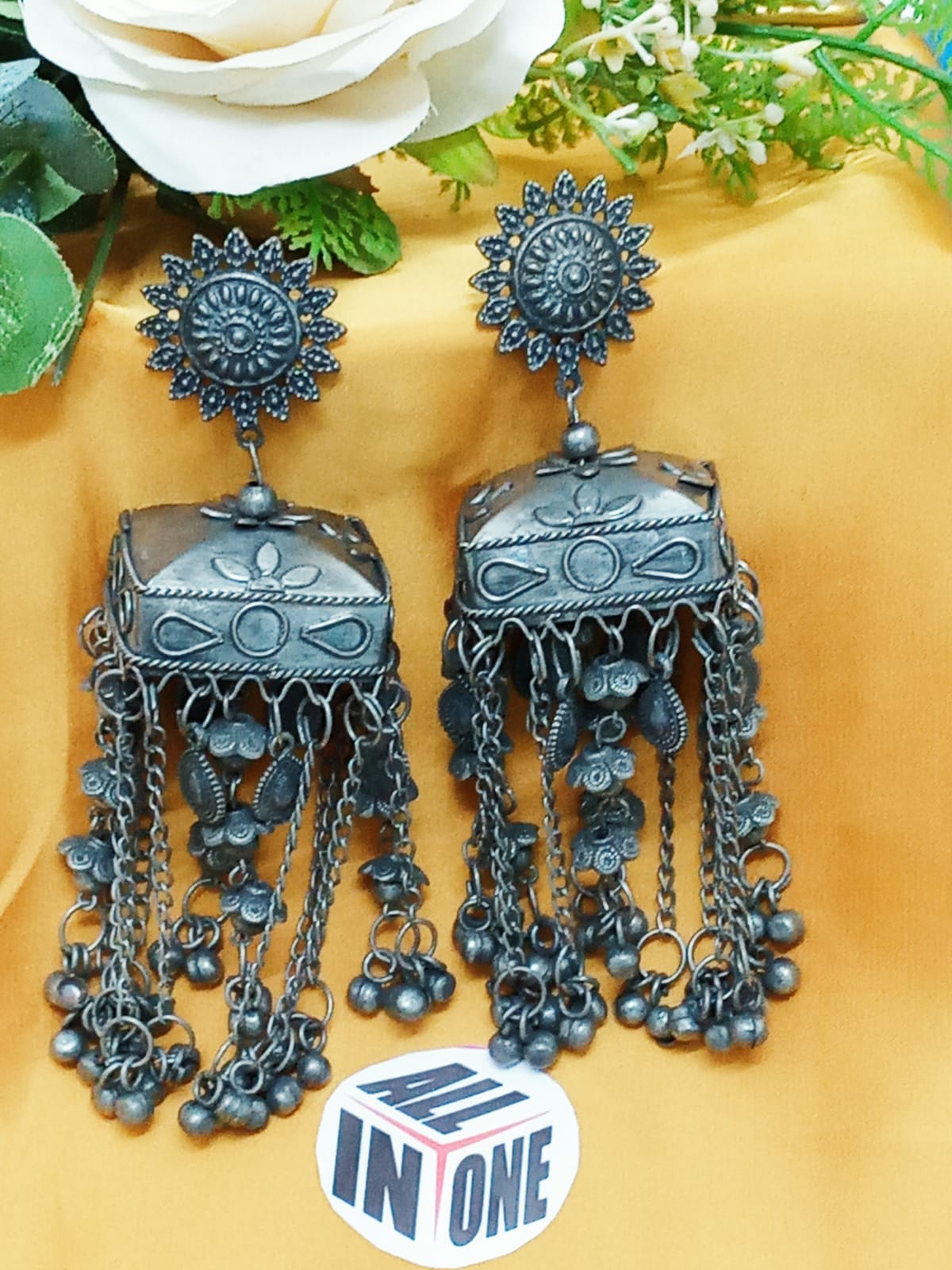 Antique Oxidized Floral Sunburst Cascading Earrings