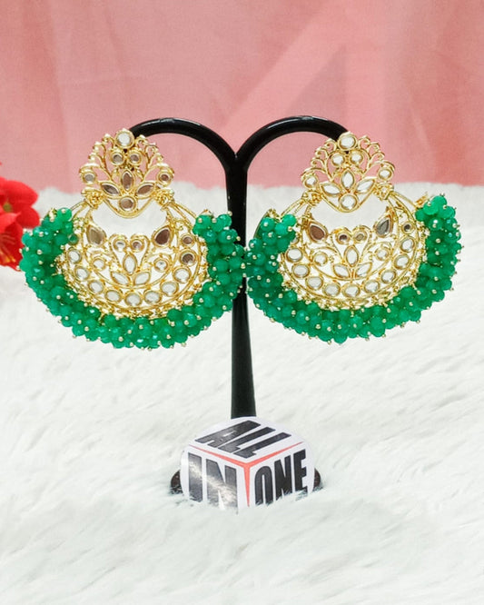 Emerald Green Beaded Chandbali Kundan Earrings