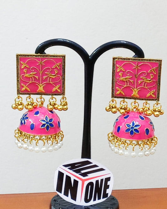 Hot Pink Meenakari Square Jhumka Earrings