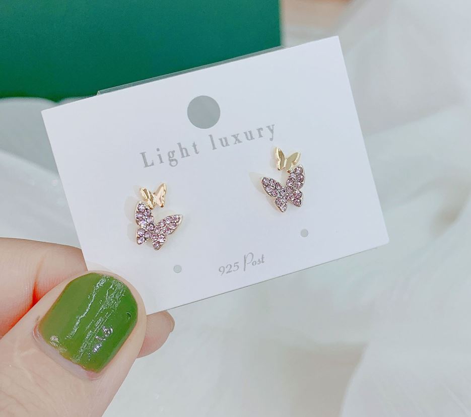 Dainty Pink Crystal Butterfly Stud Earrings