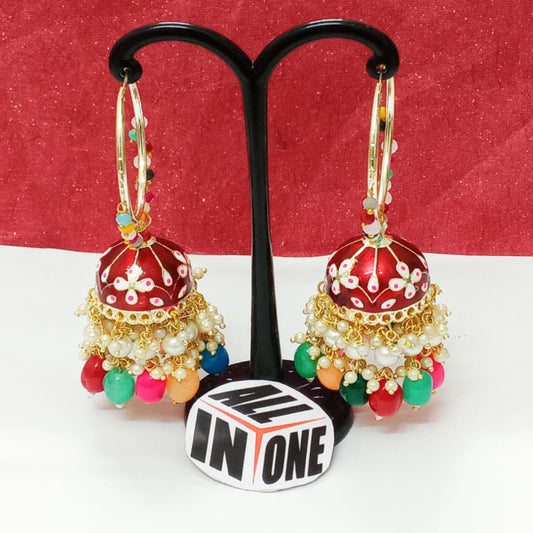 Festive Maroon Hoop Jhumka Earrings with Multicolor Droplets