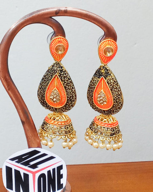 Sunset Orange Filigree Teardrop Jhumka Earrings