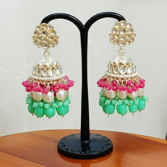 Vibrant Tri-Color Pearl & Bead Jhumka Earrings