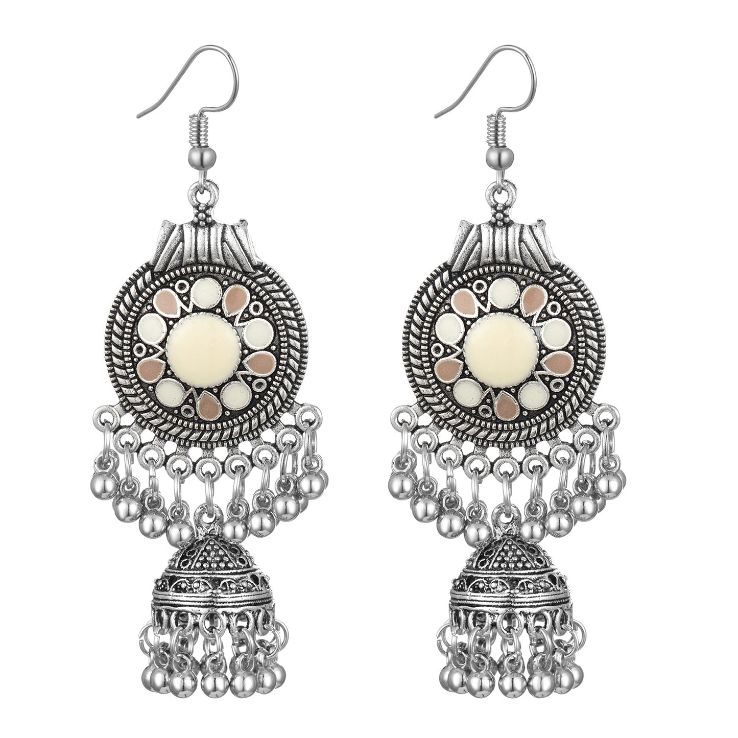 Antique Silver Tribal Jhumka Earrings with Enamel Inlay