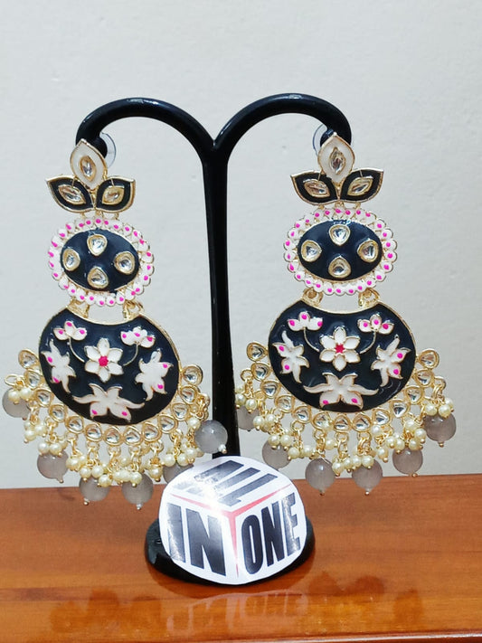 Midnight Black Floral Meenakari Chandbalis