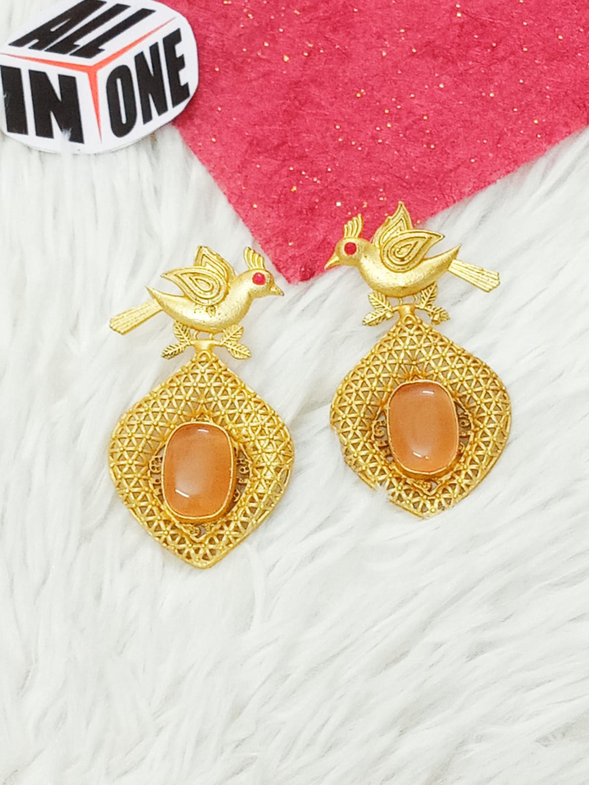 Golden Songbird Filigree Earrings with Peach Stone