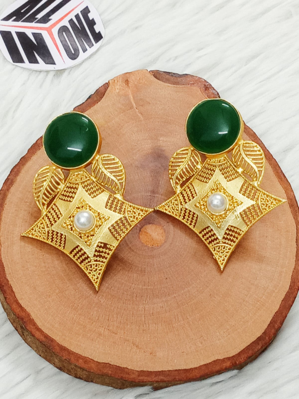 Golden Star Filigree Studs with Emerald Green Stone