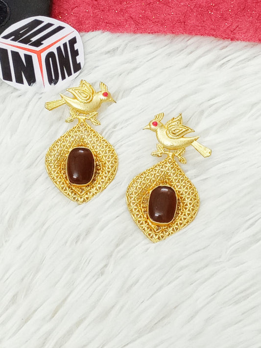 Golden Songbird Filigree Earrings with Chocolate Stone