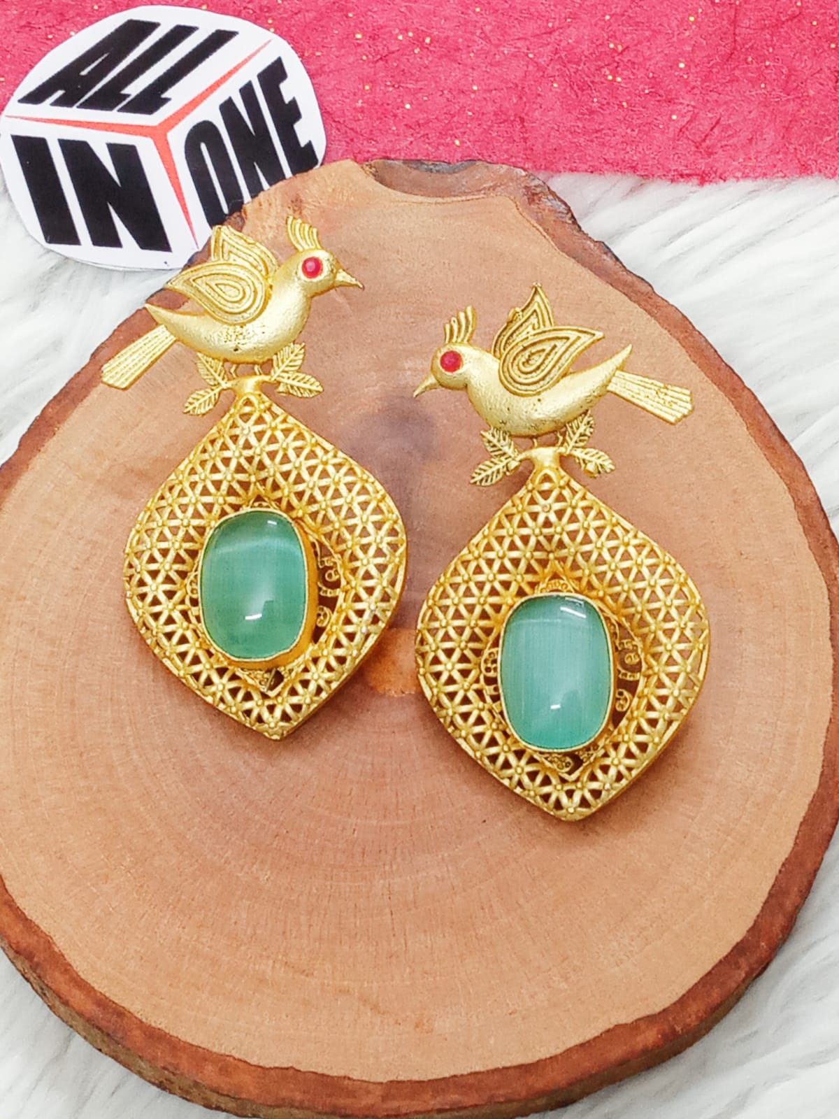 Golden Songbird Filigree Earrings with Mint Stone