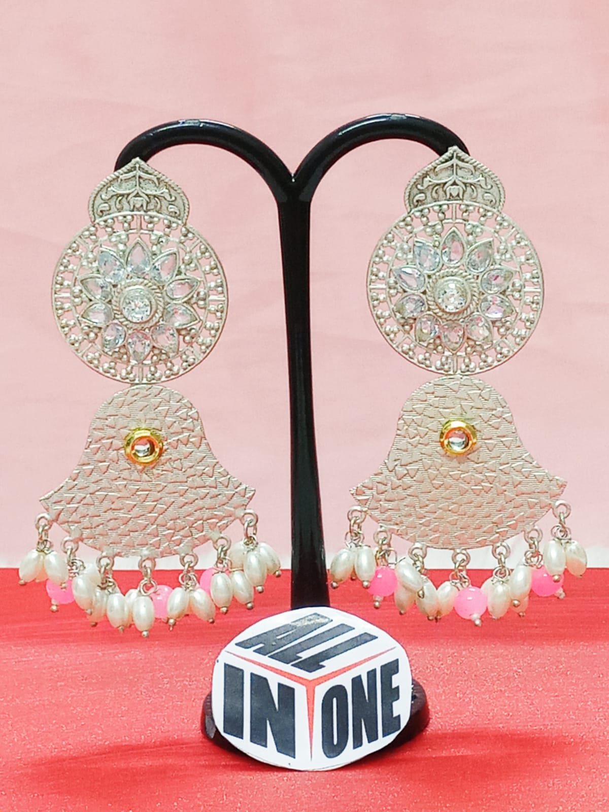 Antique Silver Oxidized Floral Drop Earrings with Pink Beads