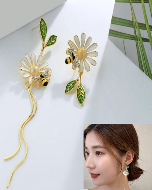 Asymmetric Daisy & Honeybee Drop Earrings